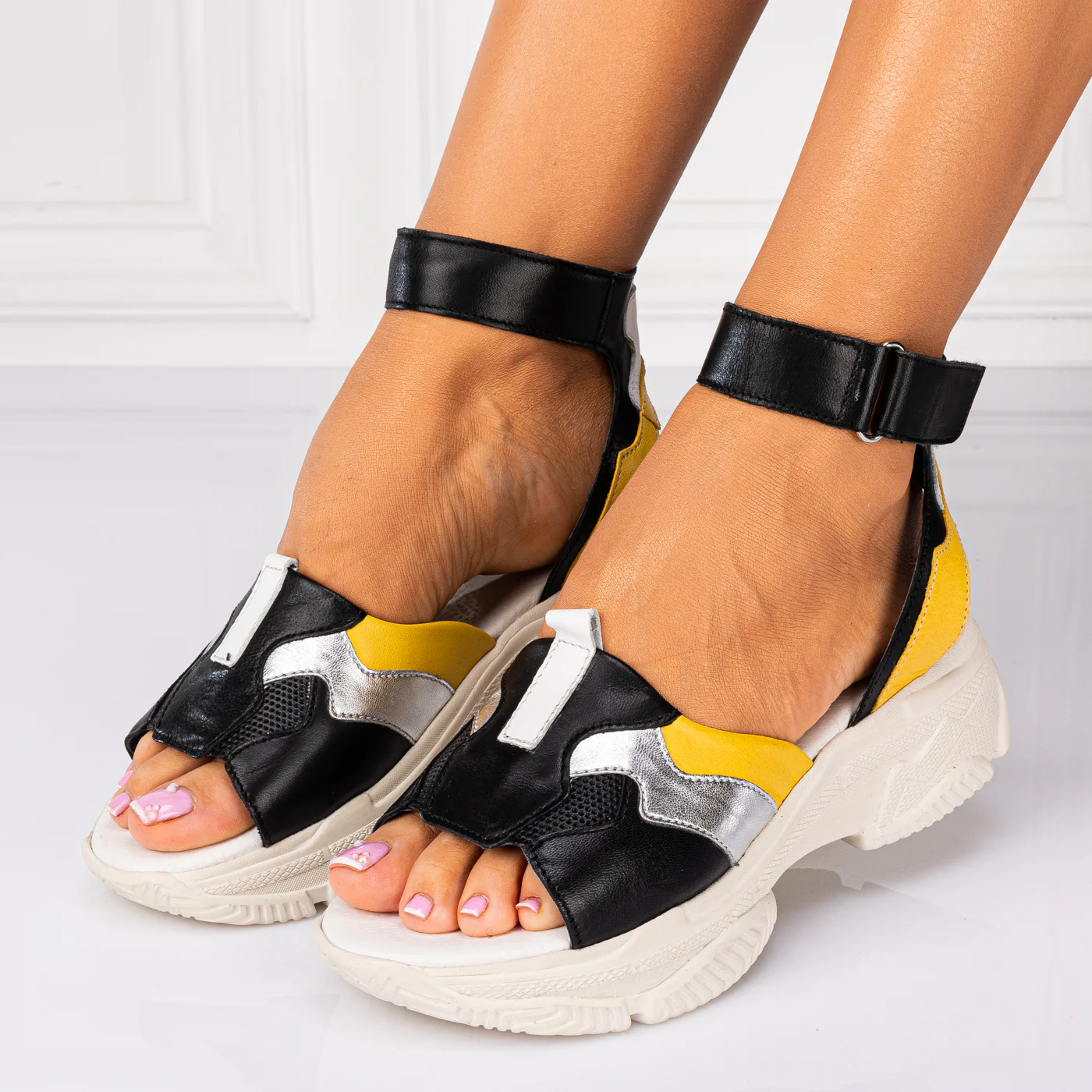 Sandale dama din piele naturala multicolor cu platforma 13471