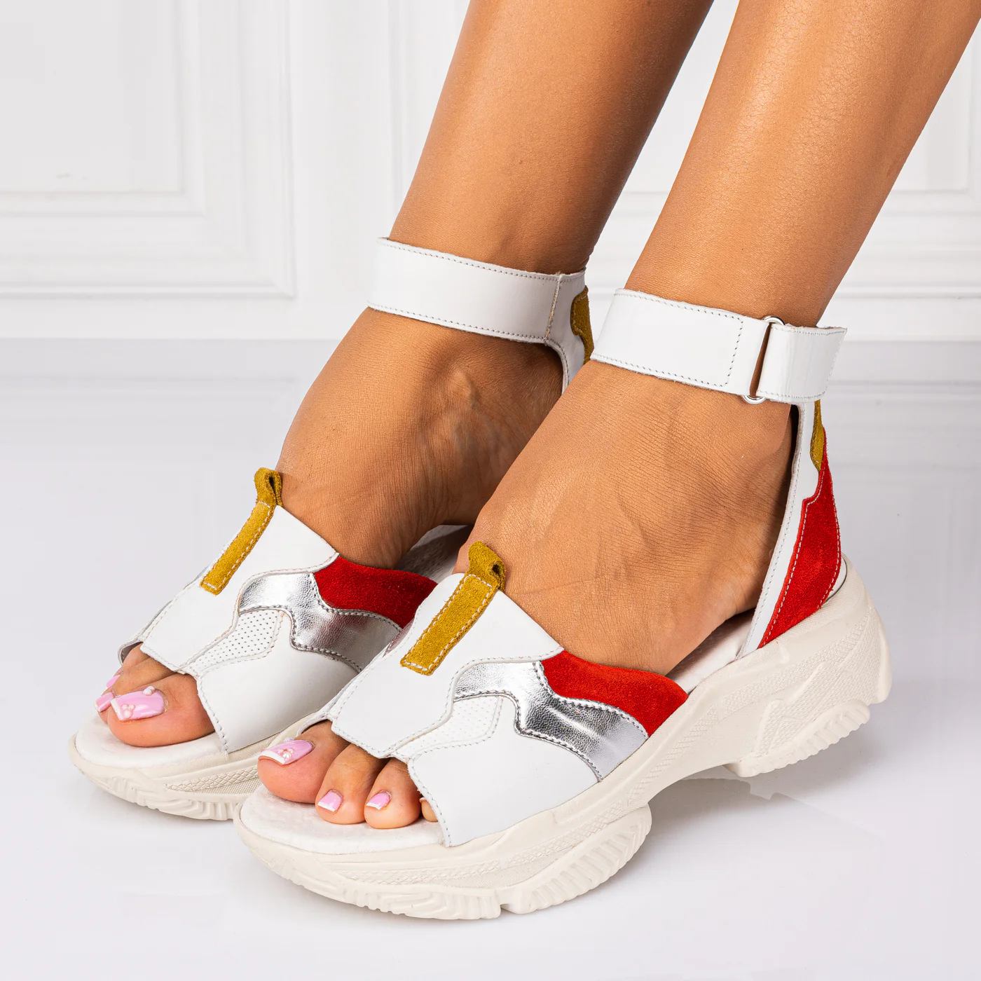 Sandale dama din piele naturala multicolor cu platforma 13475