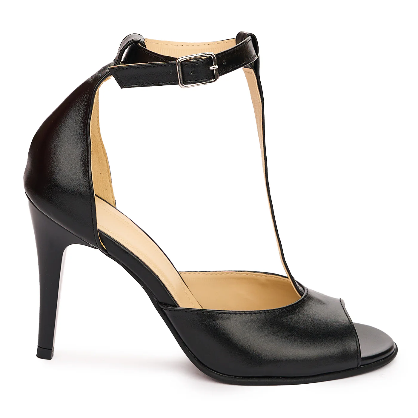 Sandale dama din piele naturala neagra cu toc subtire 9.5 cm 13766