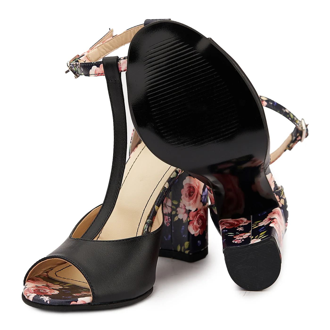 Sandale dama din piele naturala neagra - model floral toc gros 9 cm 5118 - Image 4