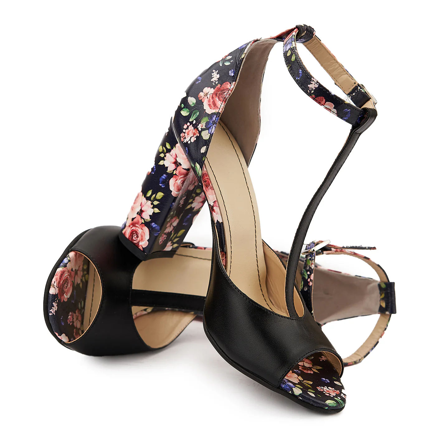 Sandale dama din piele naturala neagra - model floral toc gros 9 cm 5118 - Image 5