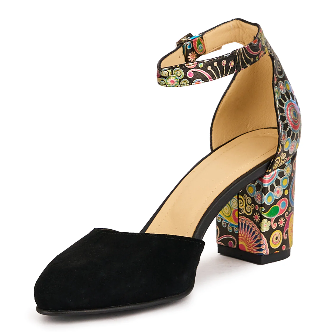 Sandale dama din piele naturala neagra-multicolor cu toc gros 7.5 cm 16691 - Image 3