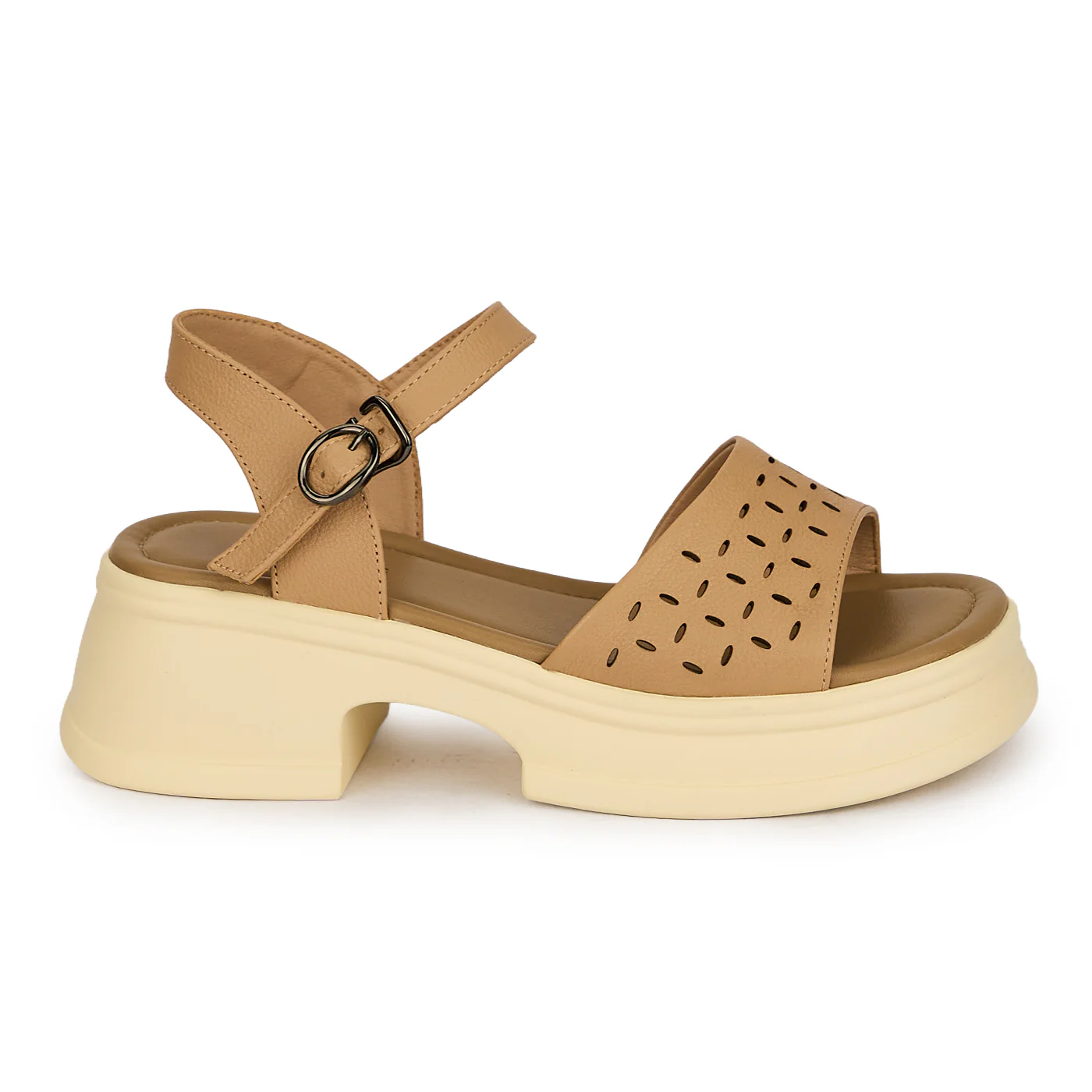 Sandale dama din piele naturala perforata bej cu talpa inalta 5 cm 19772
