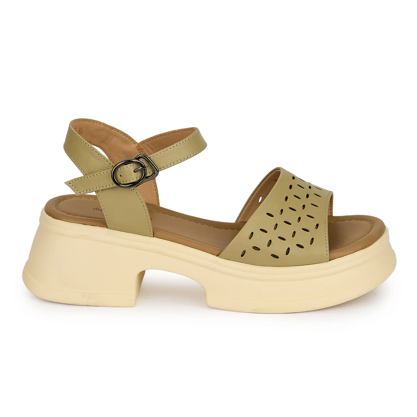Sandale dama din piele naturala perforata kaki cu talpa inalta 5 cm 19773