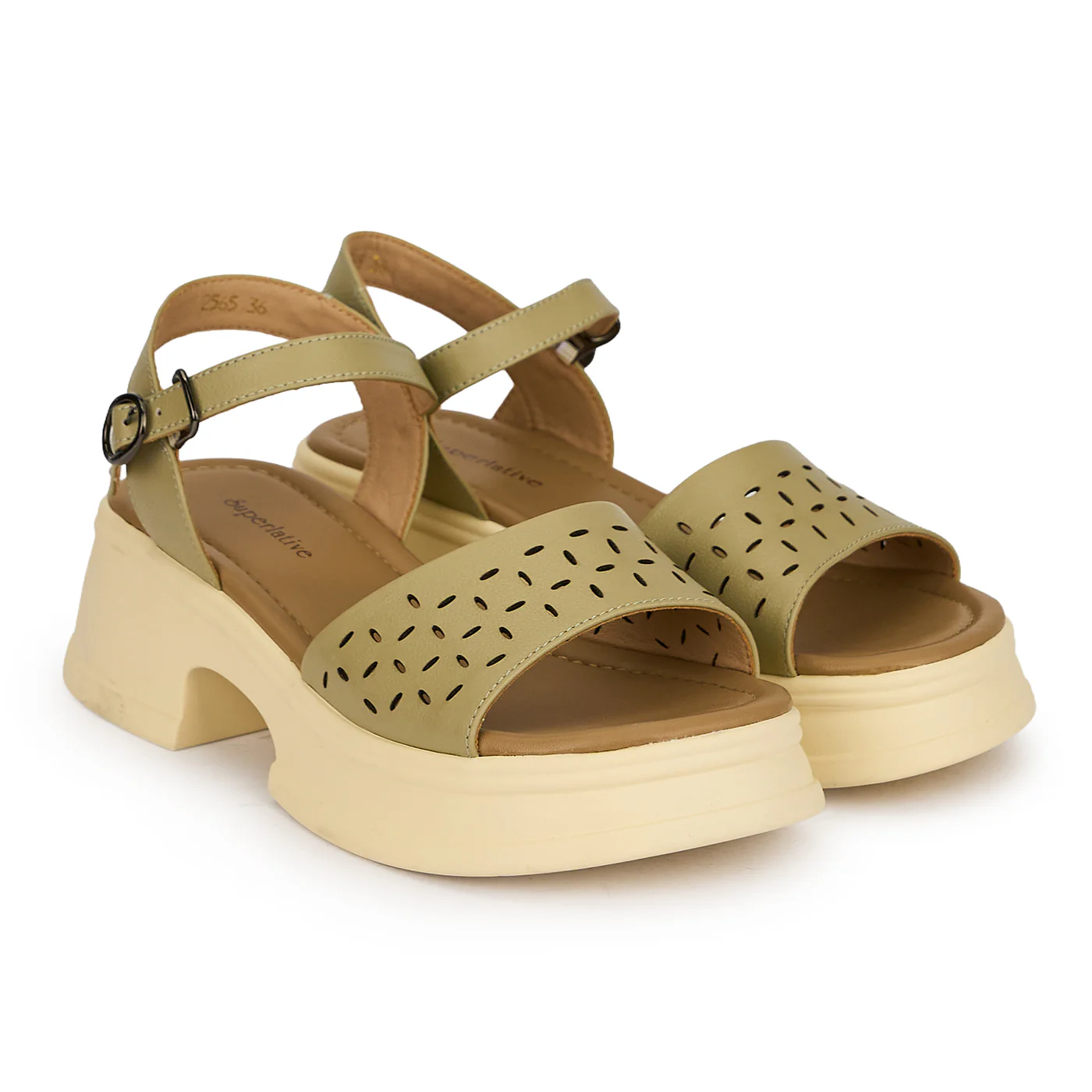 Sandale dama din piele naturala perforata kaki cu talpa inalta 5 cm 19773 - Image 4