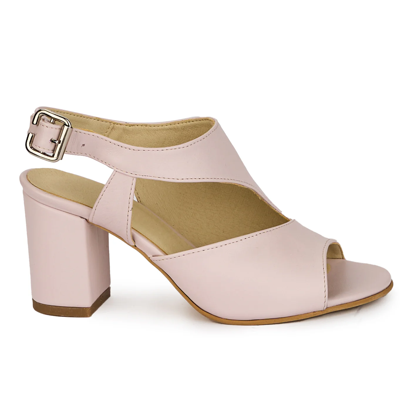Sandale dama din piele naturala roz pal cu toc gros 7 cm 18181