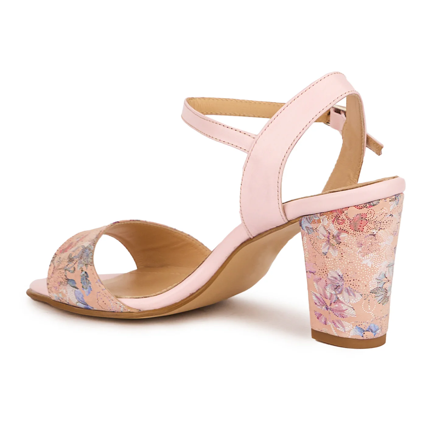Sandale dama din piele naturala roz si model floral cu toc gros 8 cm 16433 - Image 2