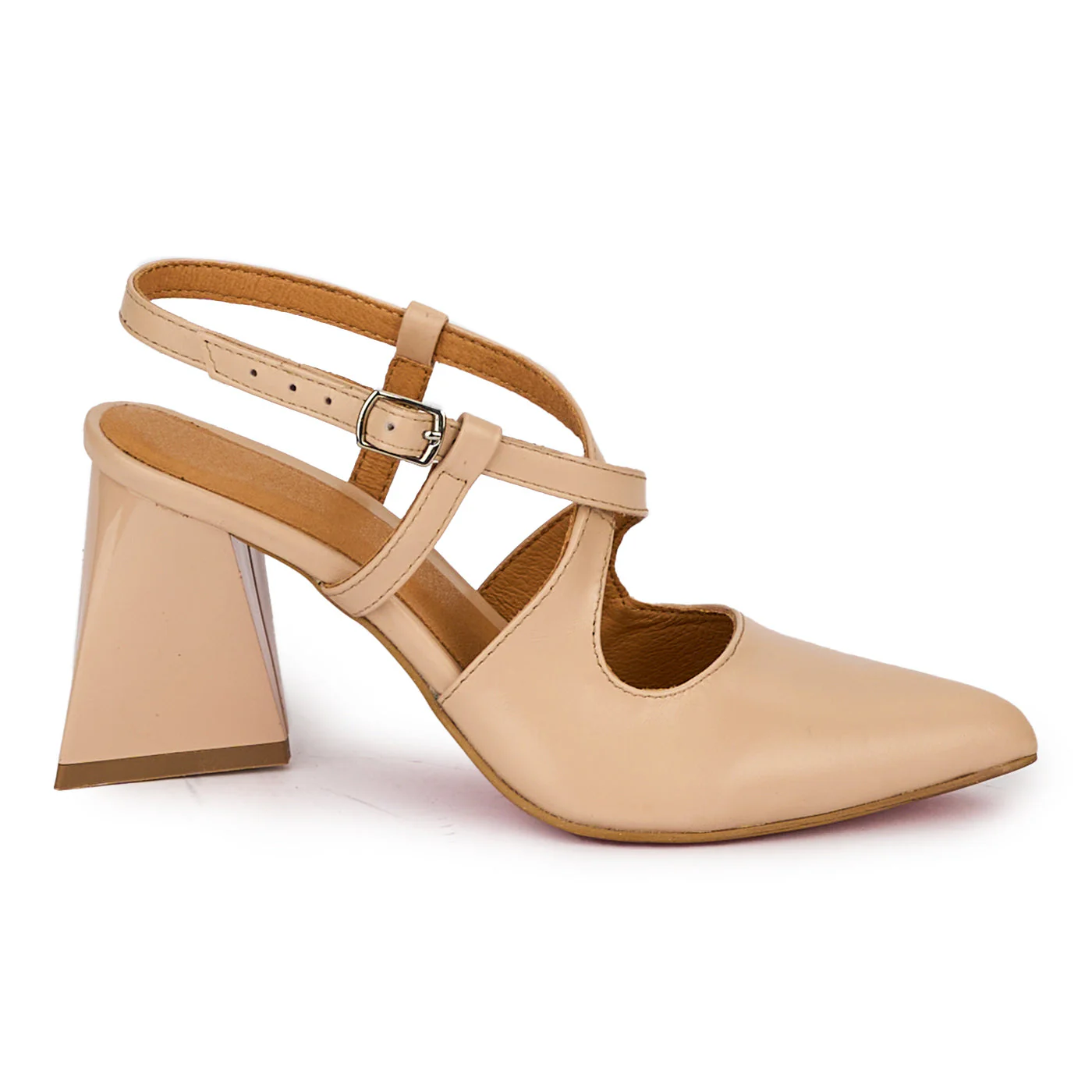 Sandale elegante dama din piele naturala bej cu toc gros 7.5 cm 18304