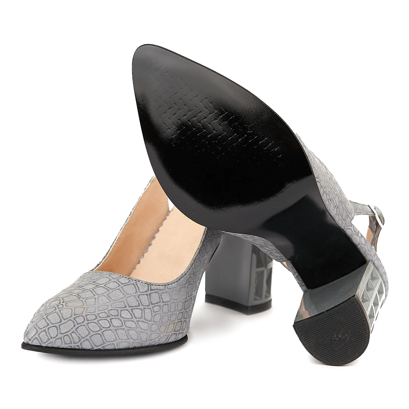 Sandale elegante din piele naturala gri cu toc gros 5048 - Image 3