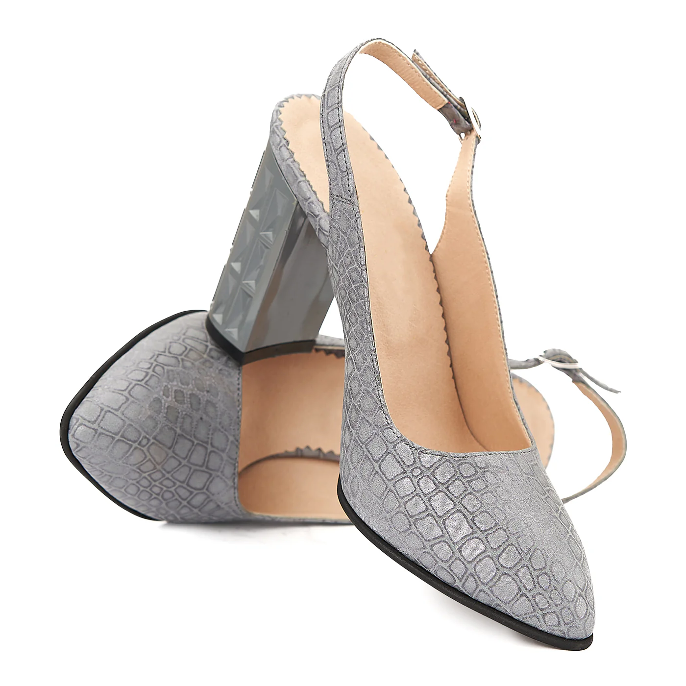 Sandale elegante din piele naturala gri cu toc gros 5048 - Image 4